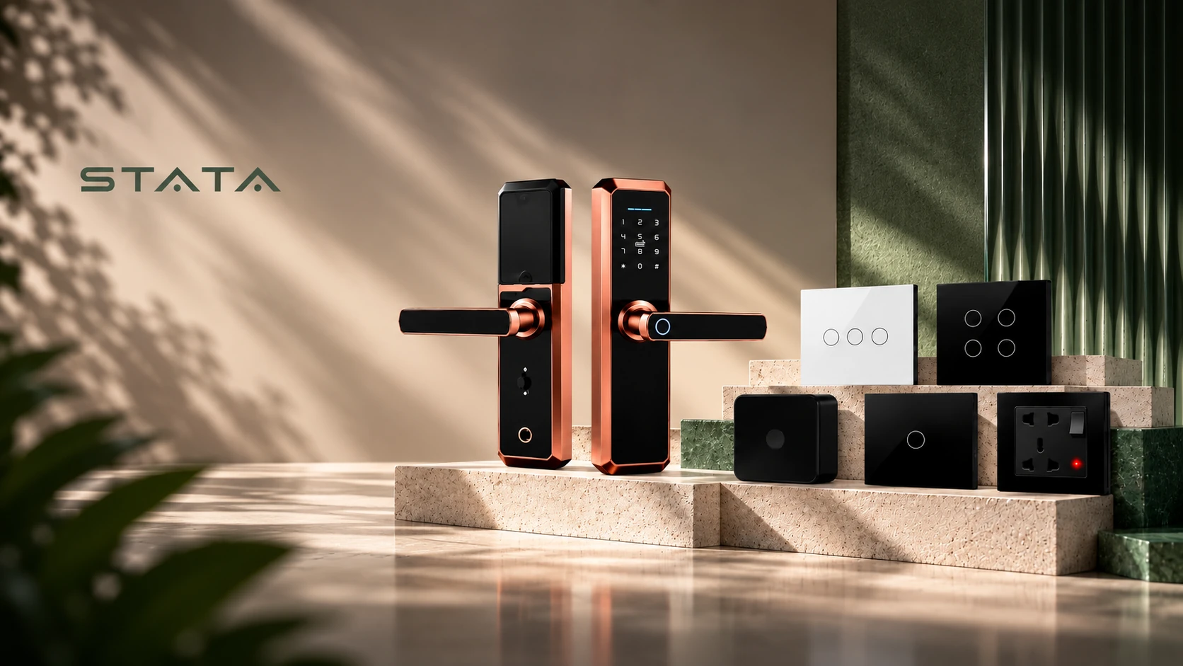 STATA smart home products including digital door locks and smart switches